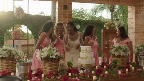 bride and bridesmaids toasting at wedding celebration