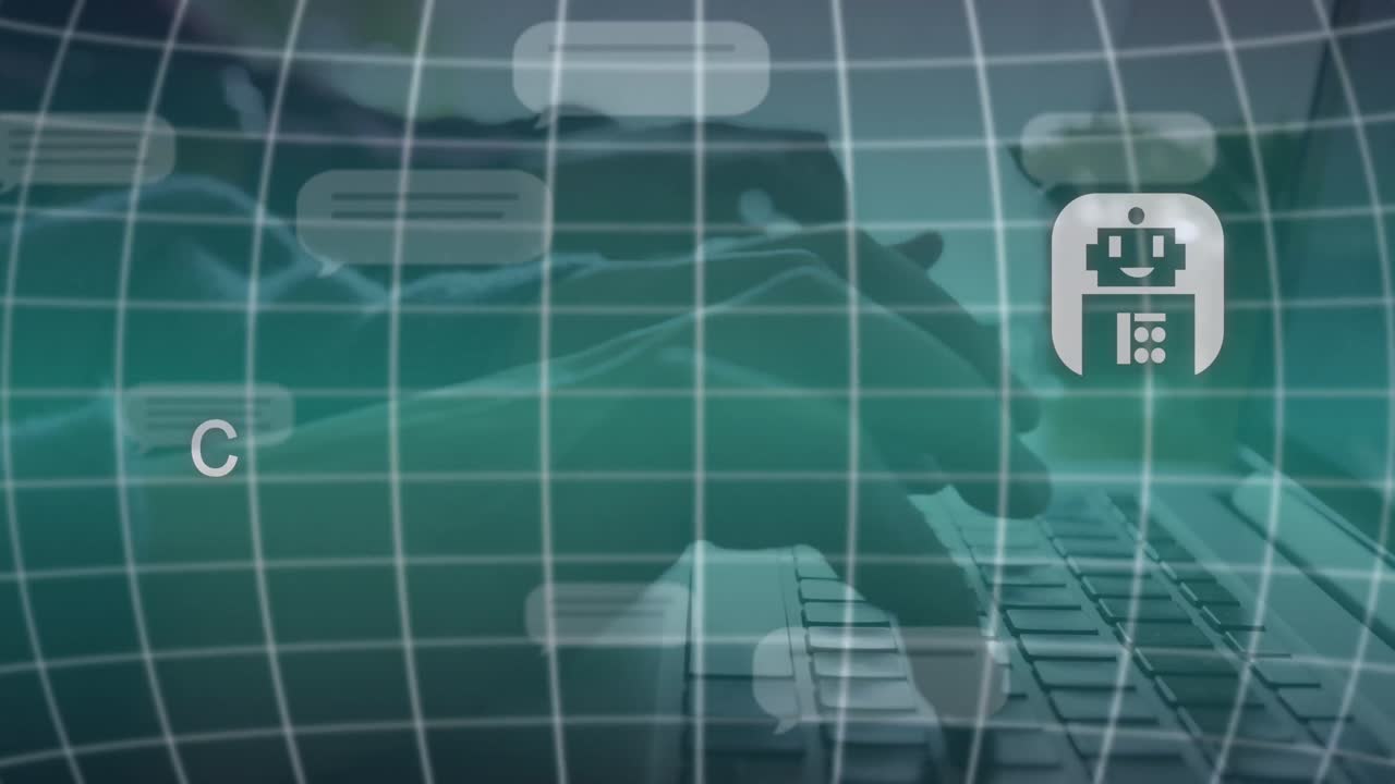 animación de procesamiento de datos con íconos de chat y diversos empresarios con computadoras