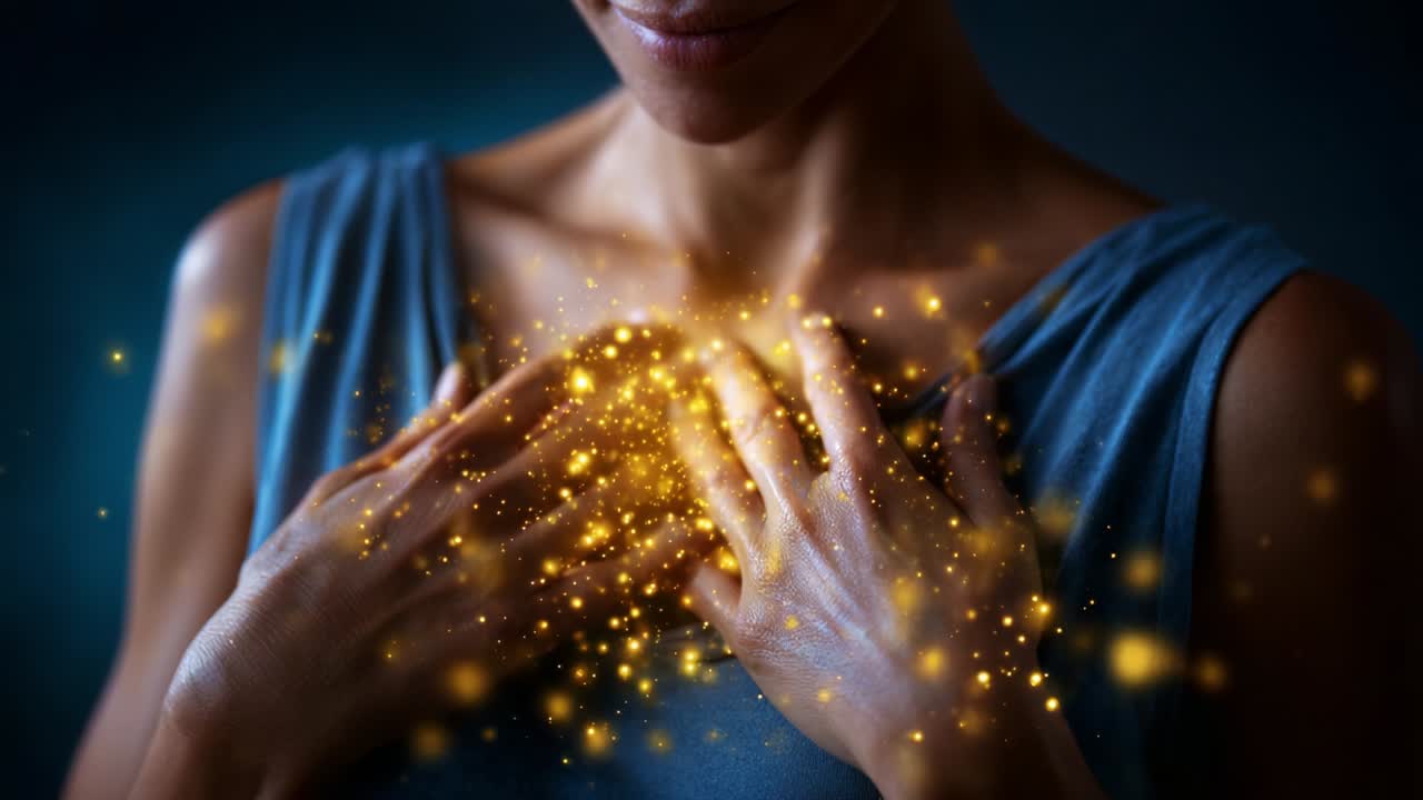 A serene moment captured with a woman gently placing her hands over her heart, surrounded by a magical aura of sparkling particles, symbolizing inner peace, joy, and healing energy flowing within her being