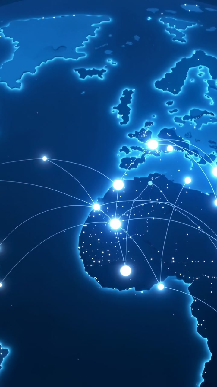 Vertical video: Animating neon map panning highlighting West Africa links, nodes and arcs pulsing