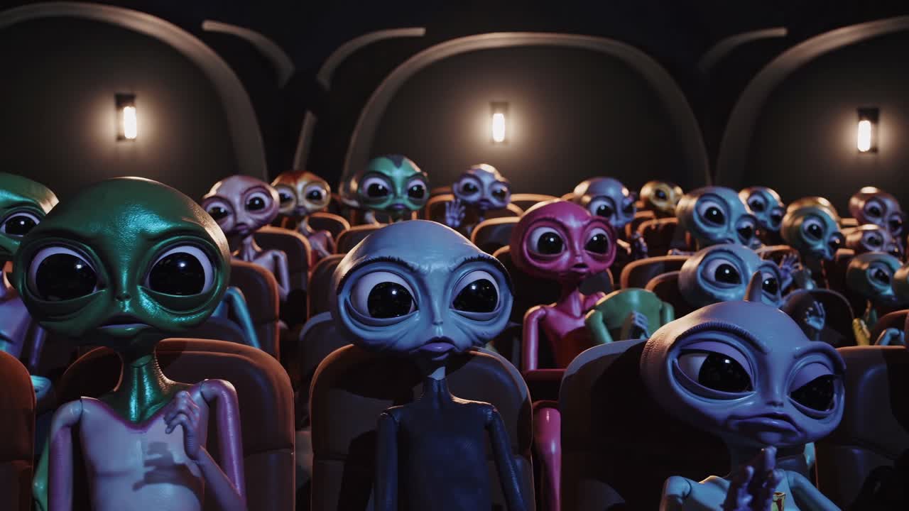 Colorful extraterrestrial beings sitting in a movie theater, experiencing a cinematic event, showcasing diversity and entertainment in a unique setting