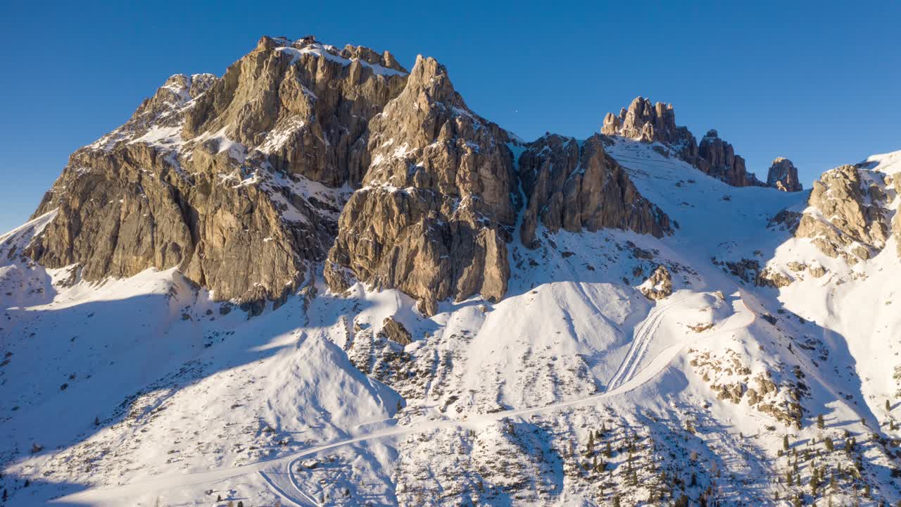 Aerial view of the Passo Falzarego - a high mountain pass in the province of Belluno in Italy