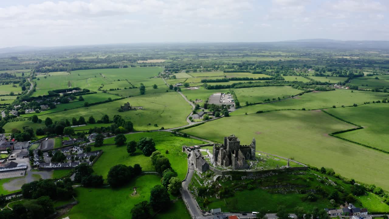 Drone shot over Rock of Cashel in Ireland.