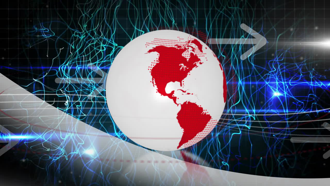 Animation of red and white globe with digital lines and arrows in design