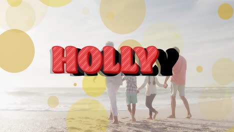 animación de texto de holly y puntos de luz sobre familia biracial en la playa.