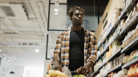 man pushing trolley along supermarket grocery aisle, low angle view