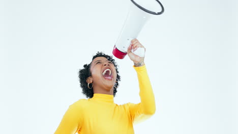 mockup space, megaphone and woman screaming