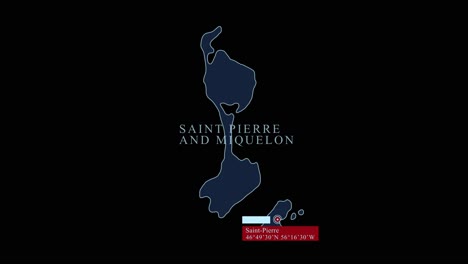 blue stylized saint pierre and miquelon islands map with saint-pierre capital city and geographic coordinates on black background