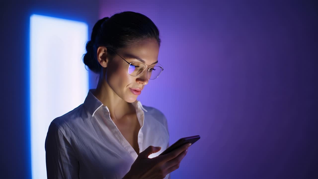 Una donna con gli occhiali, concentrata sullo smartphone. L'illuminazione viola esalta l'atmosfera tecnologica. Un'espressione serena mostra concentrazione. Ideale per lavoro digitale, studio a distanza o temi legati all'innovazione.