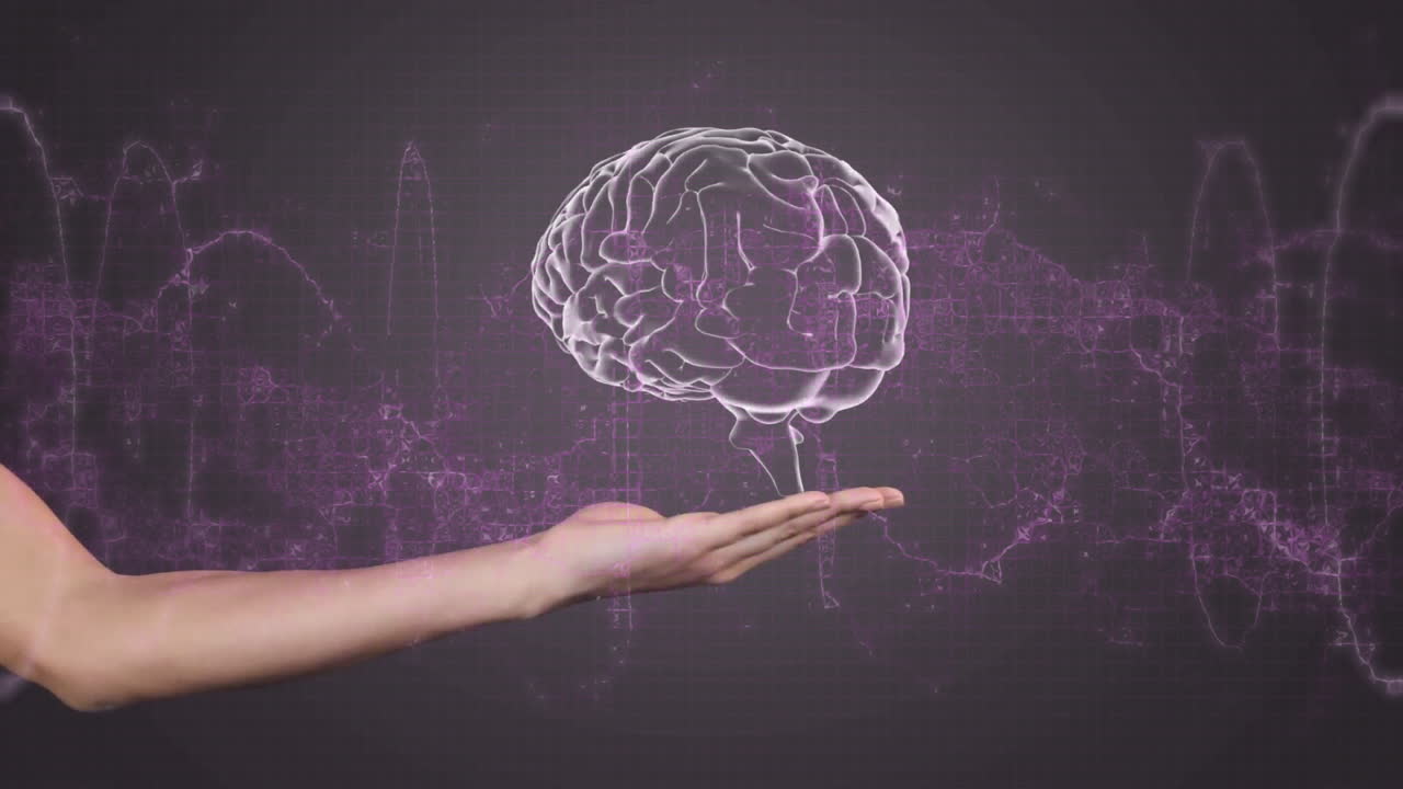 Holding digital brain animation over abstract purple network background, hand visible
