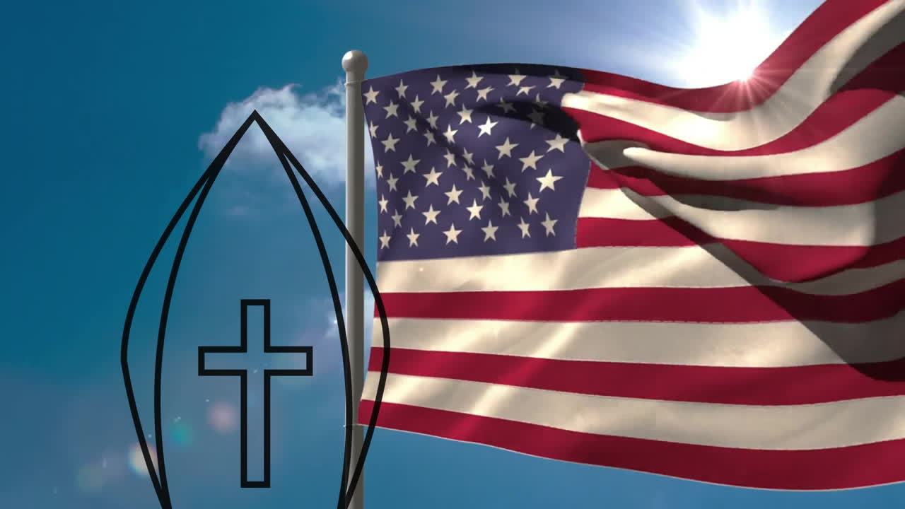 Waving American flag with cross symbol against bright blue sky animation