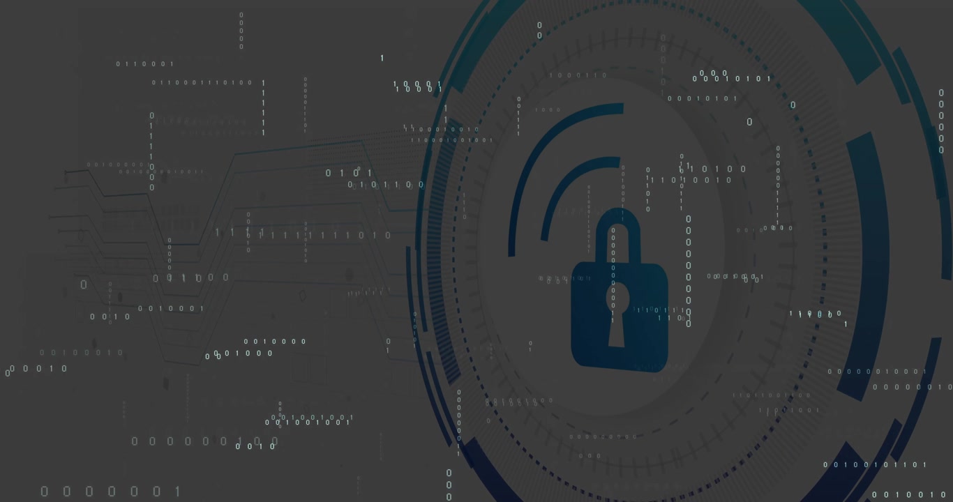 Drifting code triggers concentric blue rings rotating converging, padlock emerging locking network