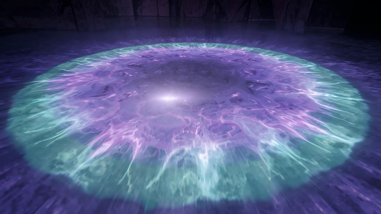 Faint glow coalescing into purple energy ring in underground chamber powering white orb circling