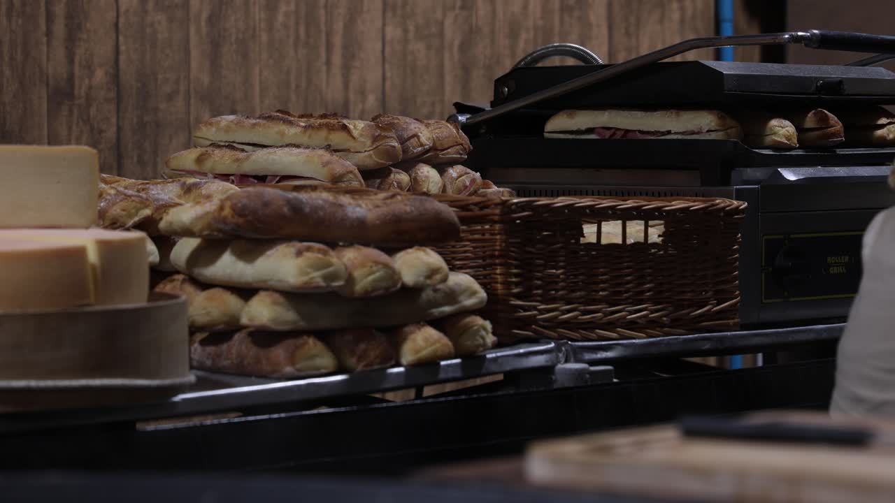 Fresh baked bread prepared on rustic food market bakery, fresh sandwiches