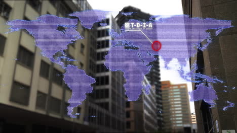 world map with red circle highlighting region over city buildings animation