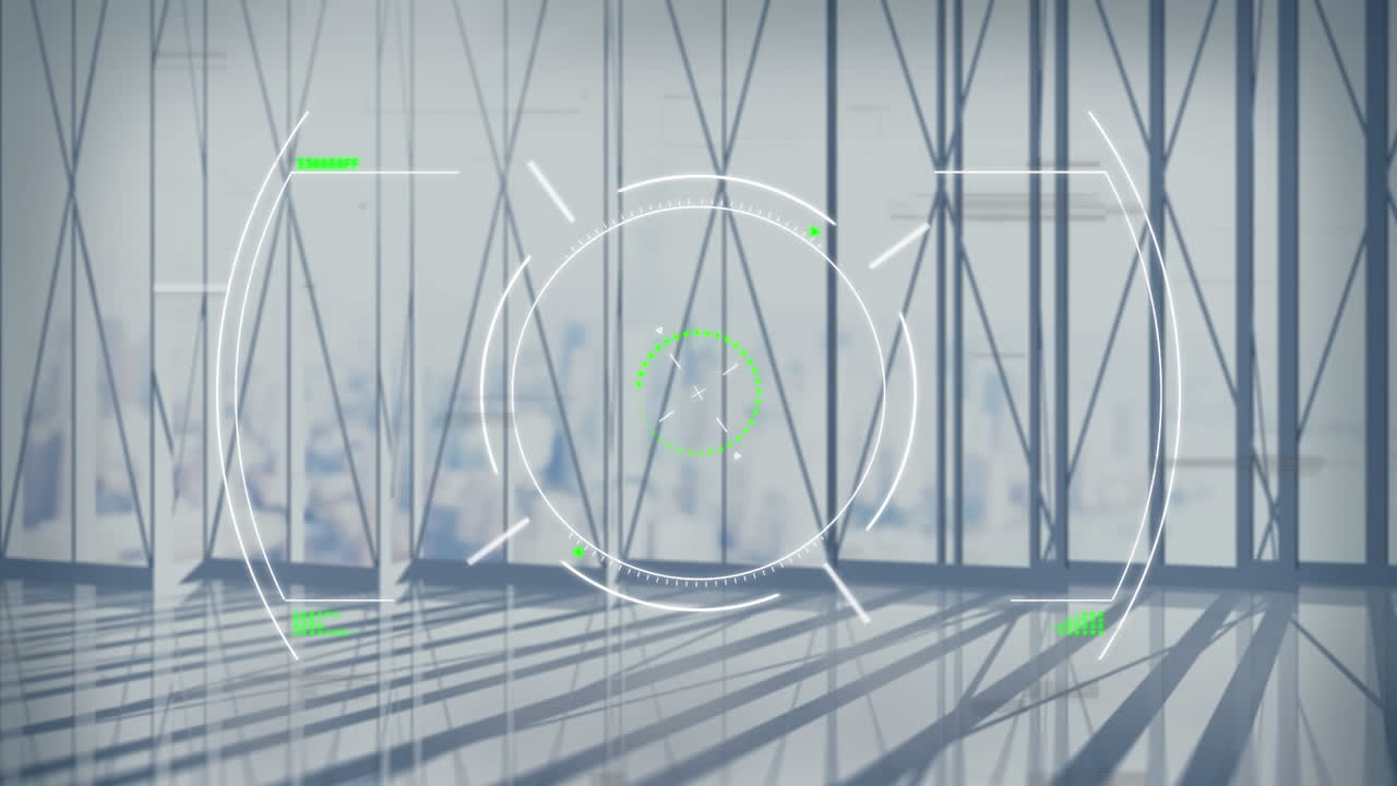 현대적인 건물과 도시 풍경에 대한 범위 및 데이터 처리의 애니메이션