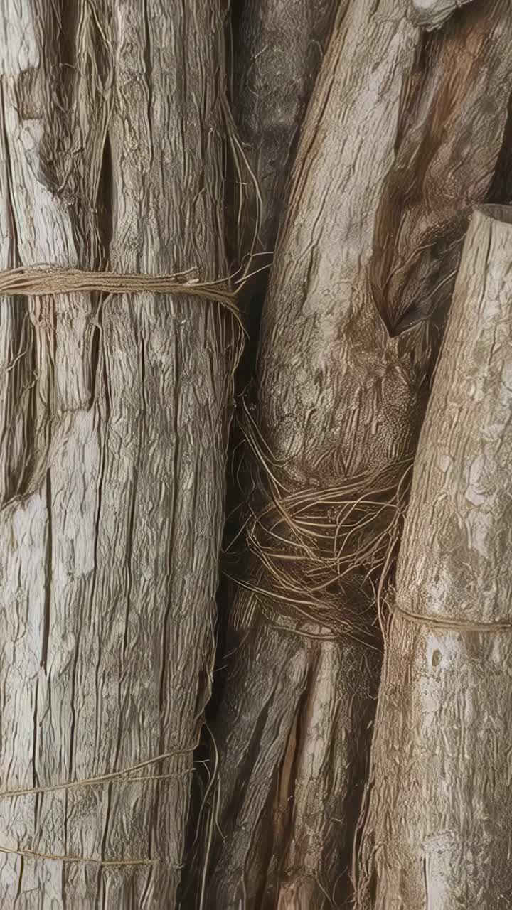 Vertical video: Camera panning slowly over twine-bound logs in yard, highlighting bark and rootlets