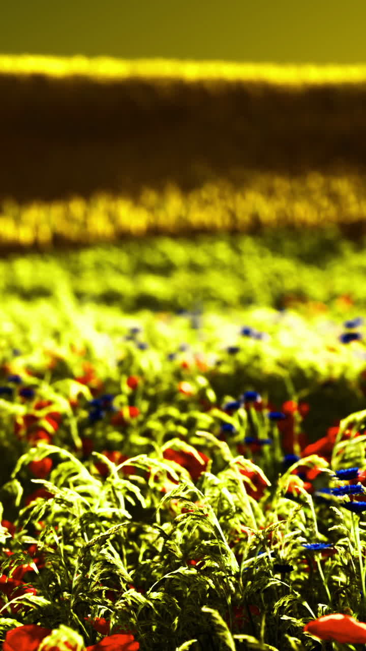 Vibrant meadow blooming with wildflowers at twilight in golden sunlight
