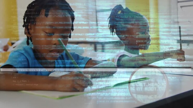 Animation of hand with magnifying glass, data, search text over african american students in class