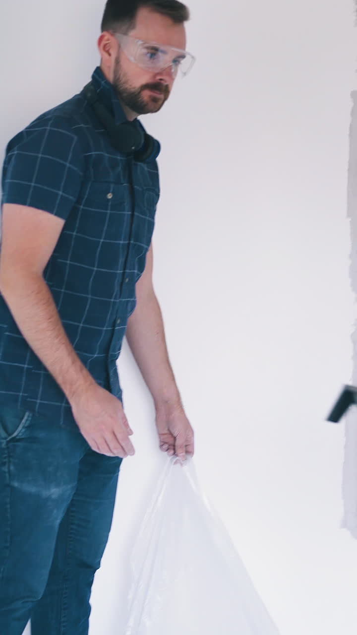 beautiful young couple prepares room to paint walls using plastic tray and polyester put on floor in light spacious flat