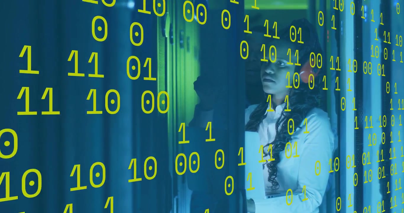 Binary code revealing IT technician inspecting blinking server rack lights for monitoring