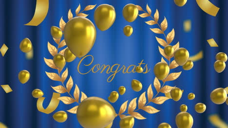 animation of congrats text over confetti and balloons on blue background