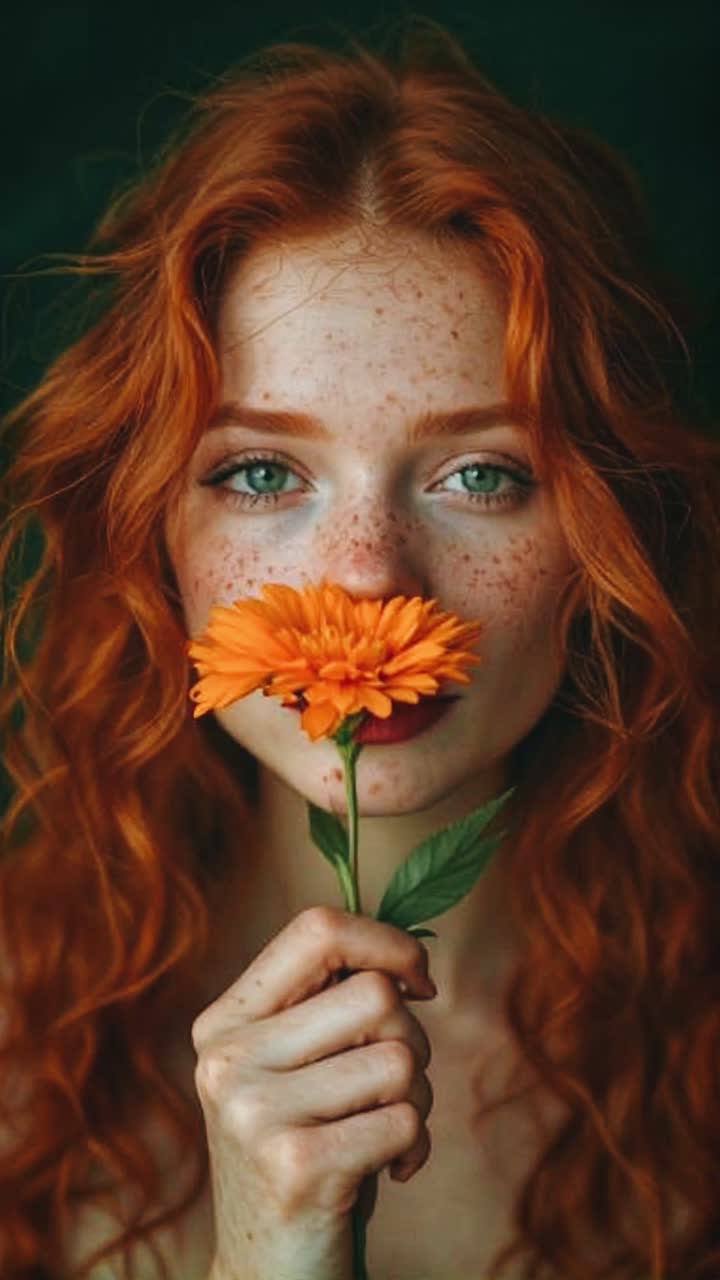 Woman with Red Hair and Freckles Holding an Orange Flower