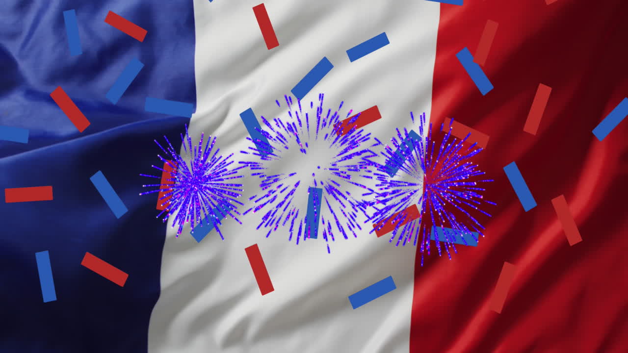 animación de fuegos artificiales y confeti sobre la bandera de francia.