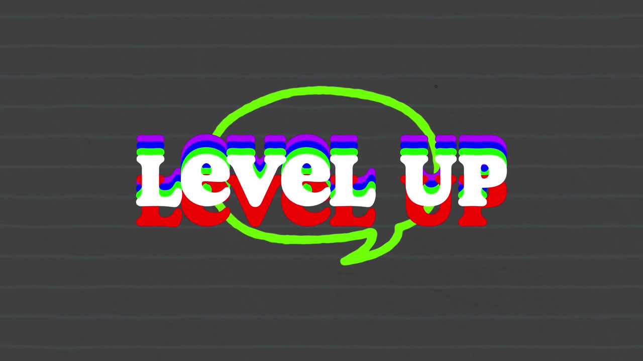 animación de texto de nivel en el cuadro de mensaje, escritura a mano recortada con marcadores contra un fondo gris