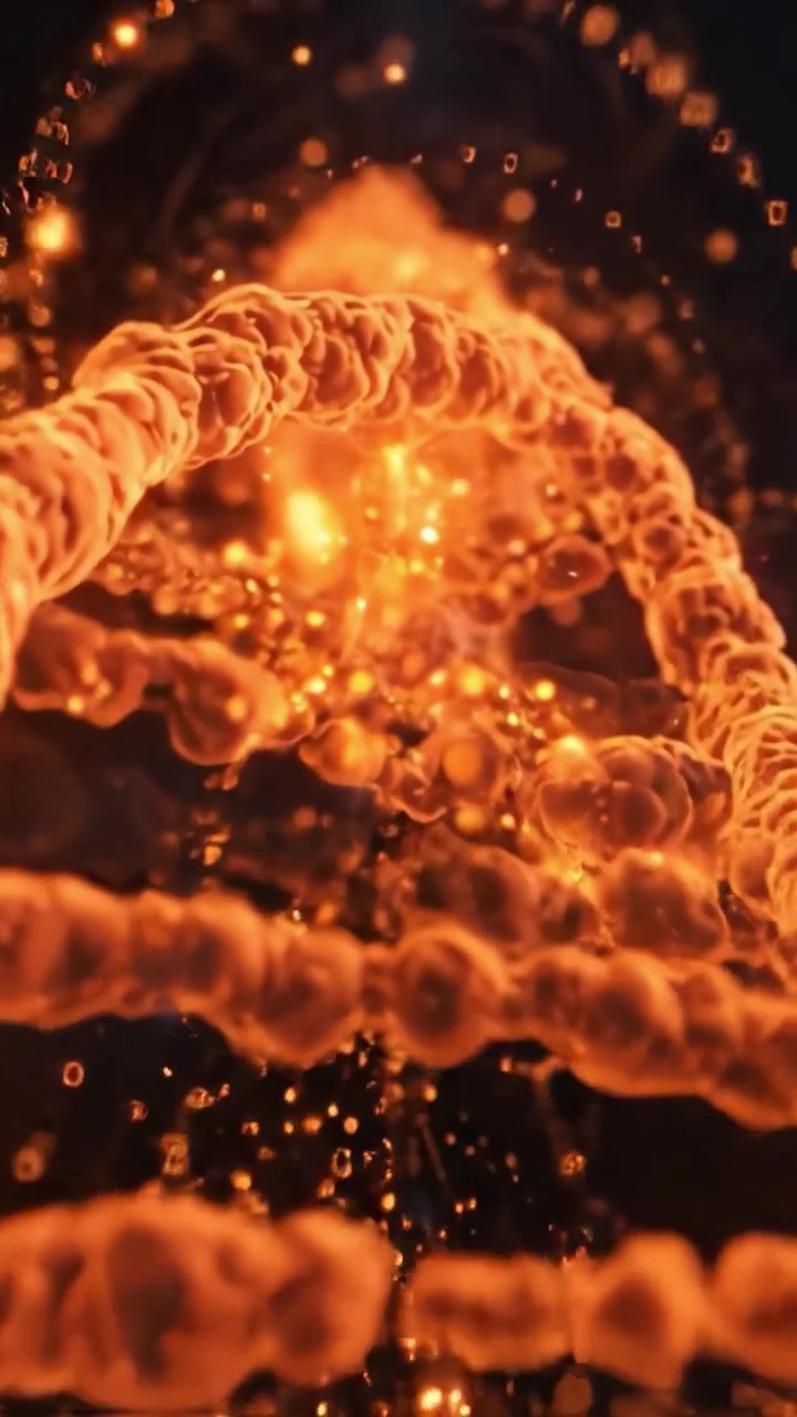 Una straordinaria rappresentazione visiva della struttura del DNA: esplorando i dettagli intricati di modelli elicoidali e formazione molecolare in un ambiente arancione luminoso.