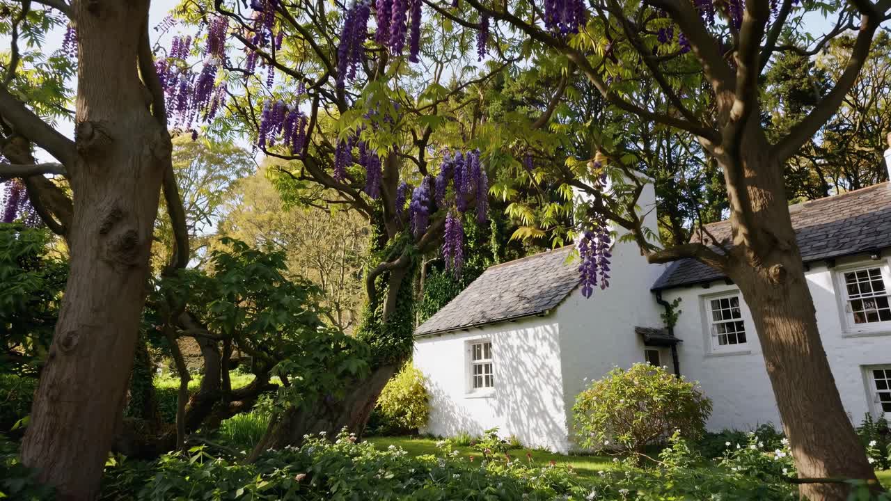 Lush wisteria trees framing a charming white cottage create a picturesque springtime scene, radiating tranquility in a serene garden filled with vibrant blooms and greenery