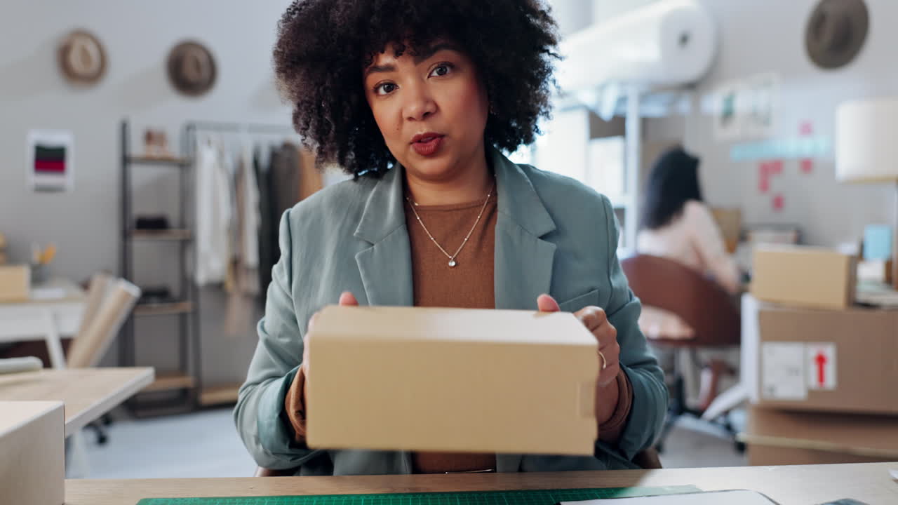 mujer, llamada de video o comercio electrónico por caja