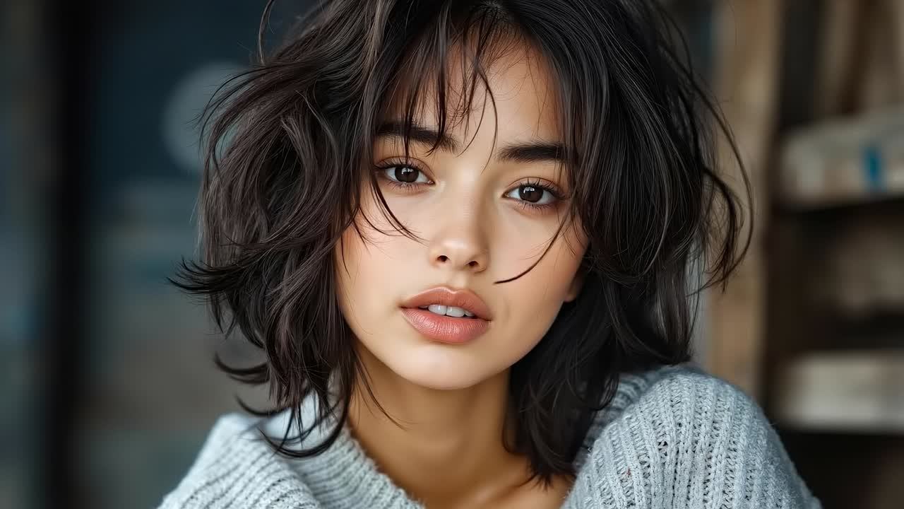 A woman with dark brown hair wearing a gray sweater