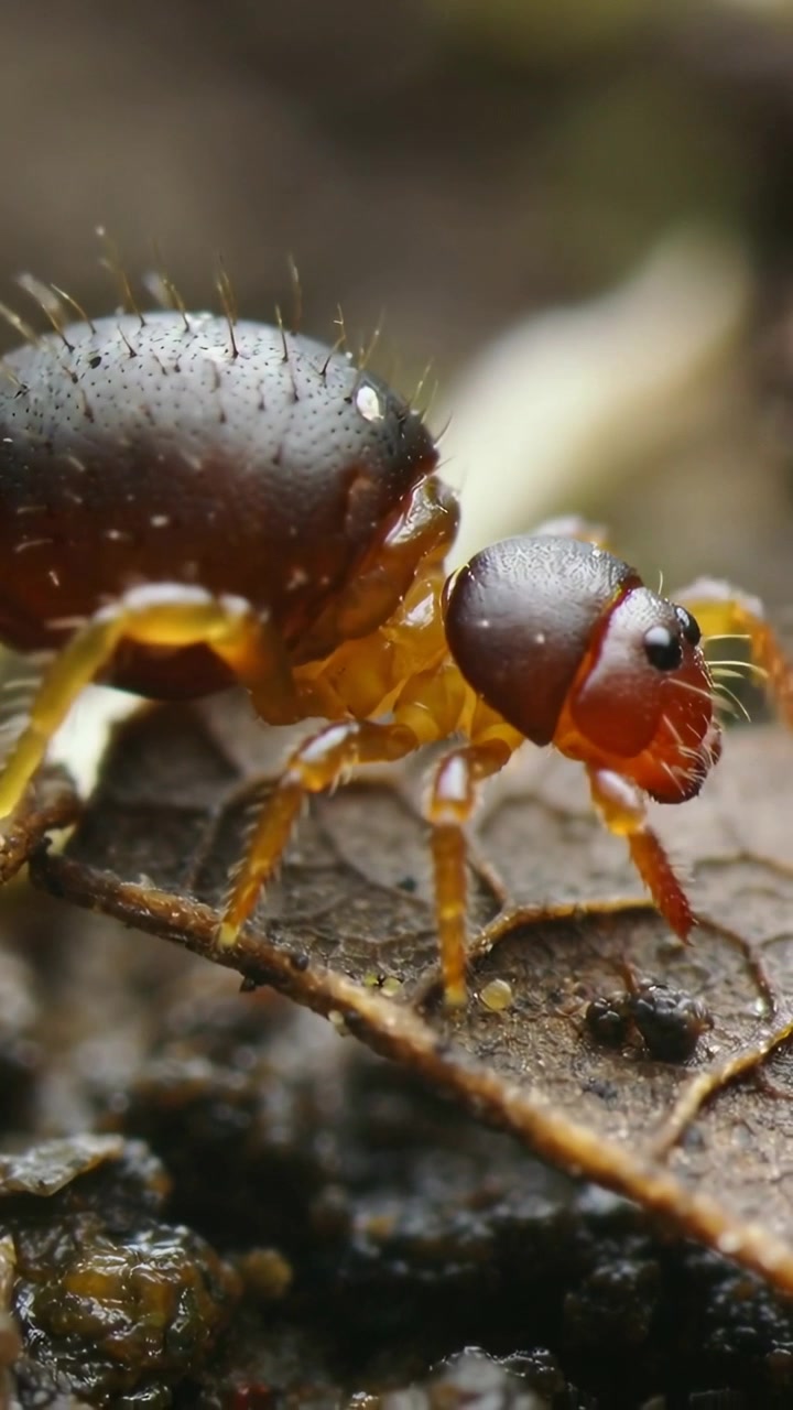 Vertical video: Starting movement, red arthropod moving across soil, decaying leaf, seeking food