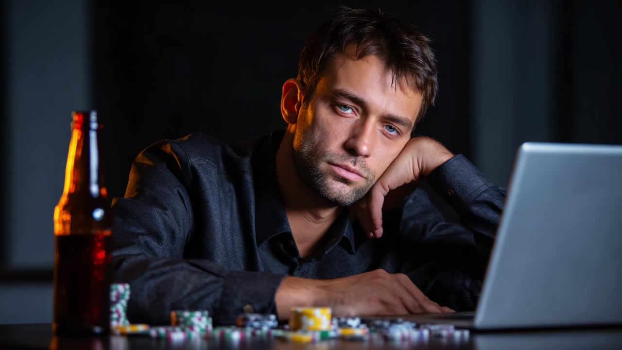 A contemplative man sits at a dimly lit table, gazing intently at his laptop while surrounded by scattered poker chips and a beer bottle, embodying the tension and allure of a high-stakes game