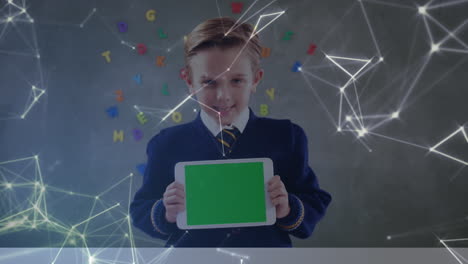 Animation-of-network-of-connections-with-schoolboy-using-tablet