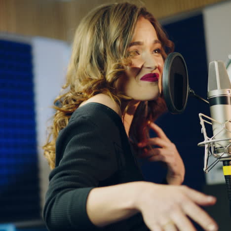 portrait of a happy female wearing black singing into a modern microphone in audio studio. side view of a pretty singer and musical equipment