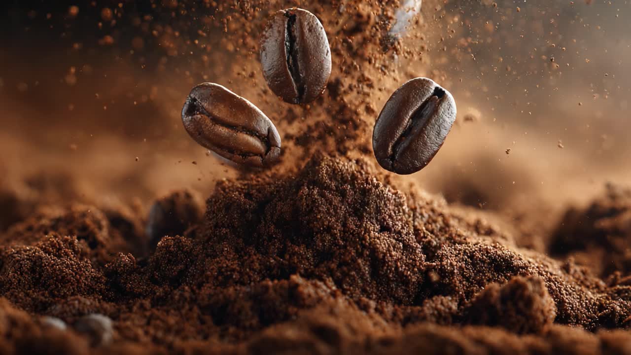 Captivating Close-Up of Roasted Coffee Beans in Ground Coffee, Showcasing their Rich Texture and Flavorful Essence in a Mesmerizing Display of Aroma and Energy