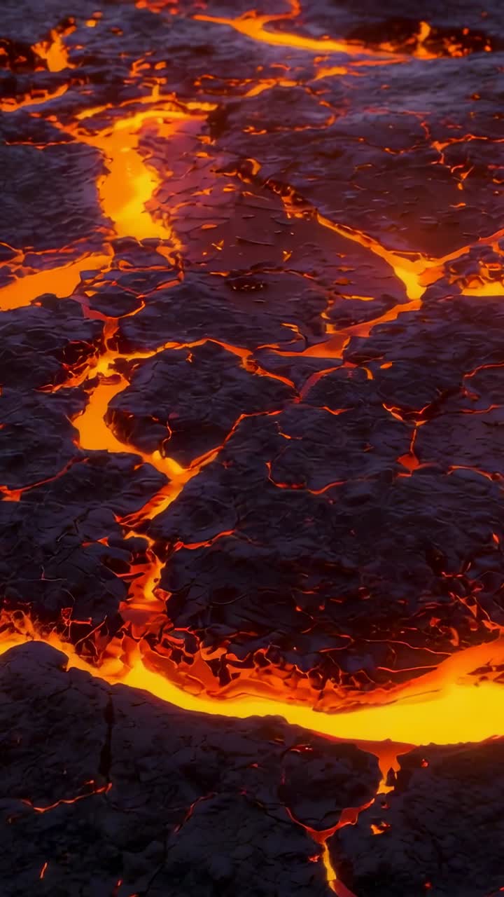 Video verticale: magma incandescente che spinge la crosta spaccata spostandosi in un primo piano di lava, con canali luminosi
