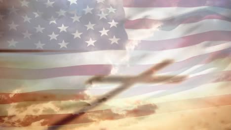 Animation-of-christian-cross-shadow-and-clouds-over-waving-flag-of-usa