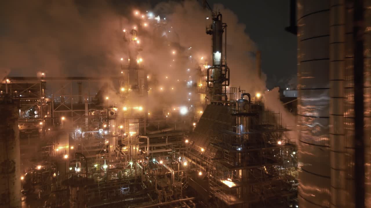 Immersive FPV night flow through Montreal refinery, bright lights revealing pipes and steel towers