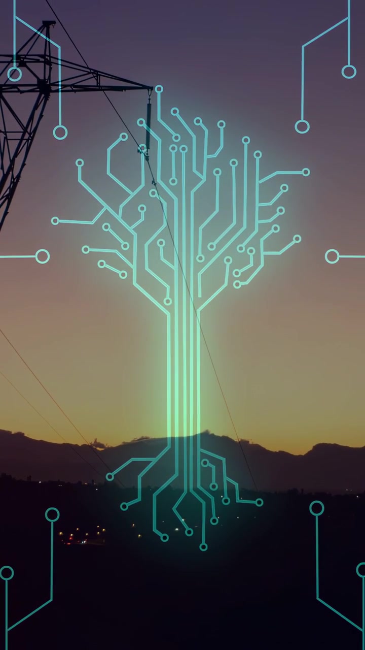 Vertical video: Crescent pulsing sparking glowing cyan circuit tree growing and showing energy flow