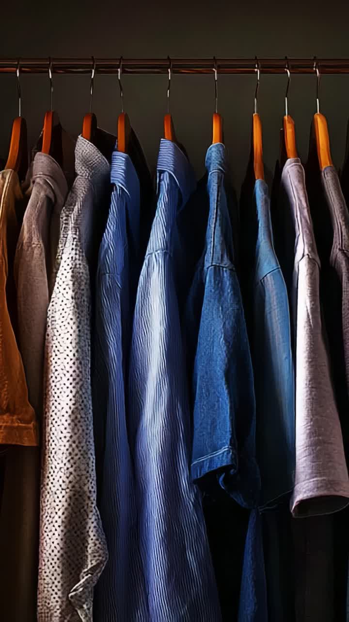 Um rack de camisas bem organizado, com vários estilos e cores, mostrando opções de moda e texturas para entusiastas de roupas e indivíduos estilosos