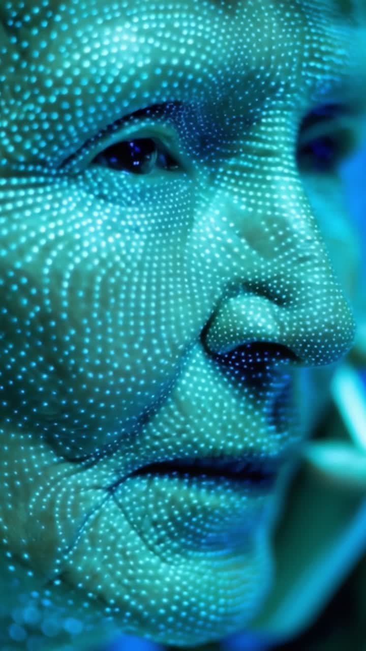 Esplorando l'interazione tra tecnologia e umanità: un primo piano su un volto anziano arricchito da motivi digitali che riflettono l'innovazione e una bellezza che sfida l'età.