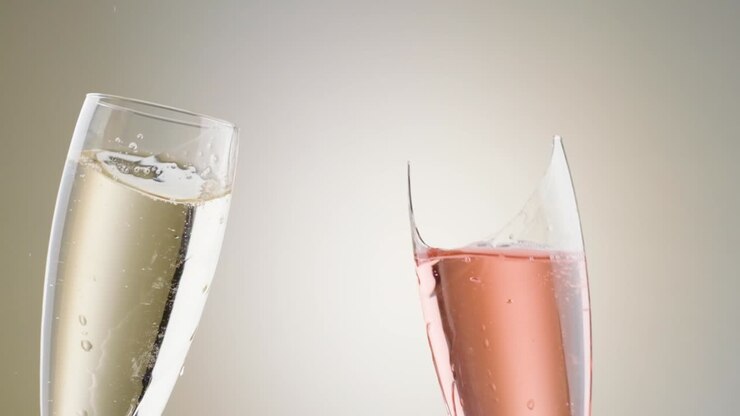 Ripresa al rallentatore di un brindisi con un bicchiere di champagne che si rompe, flute di champagne bianco e rosé.