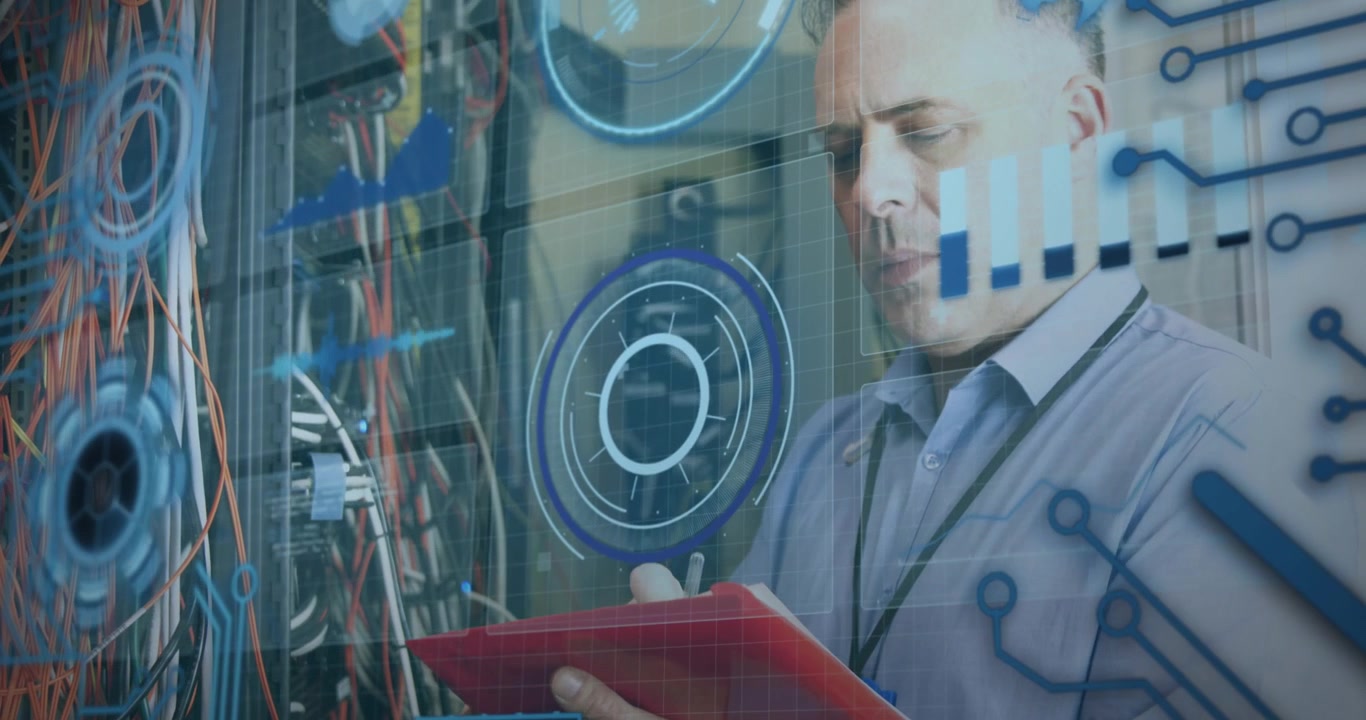 Animation of financial data processing over businesswoman with computer servers