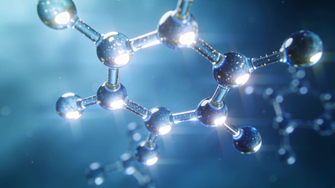 Shifting camera showing molecular model in deepblue field to reveal hex ring, glass nodes, bonds