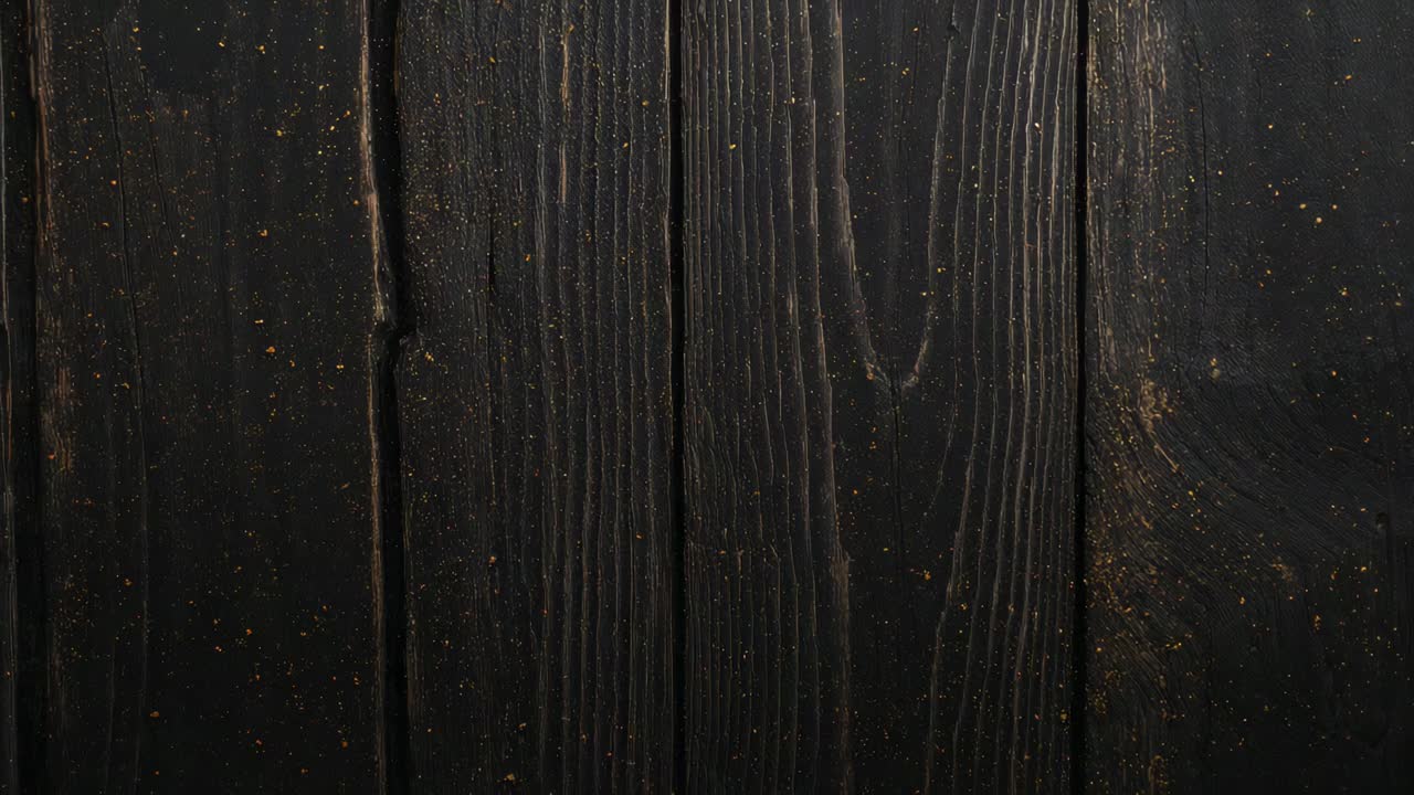 Focusing camera on three vertical dark wooden planks in studio closeup, revealing grain and dust
