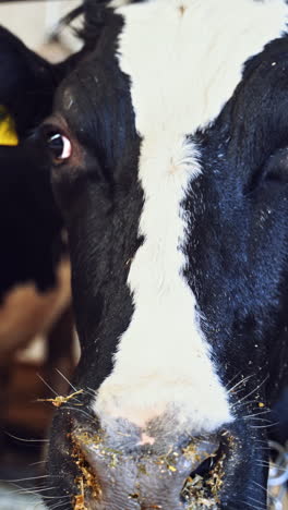 milk cows in the cowshed. black and white cows inside the barn. dairy animals on the farm. close-up. vertical video