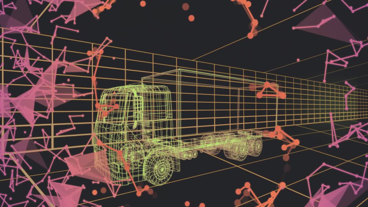 Wireframe entry starting truck moving through neon tunnel while polygons intensifying for progress